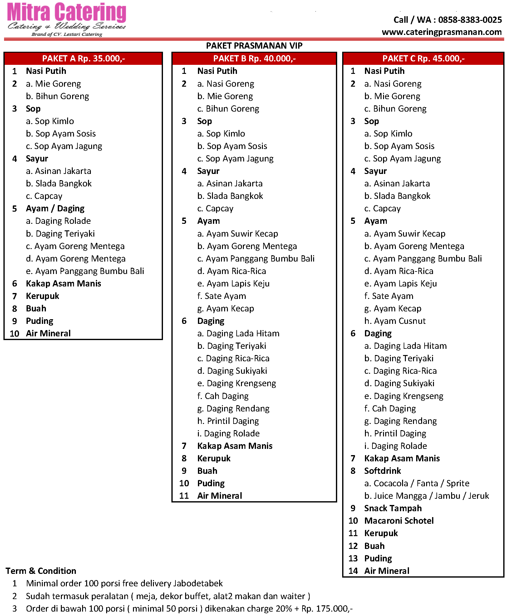 daftar menu catering prasmanan murah di Jakarta Selatan 2024 harga 20 ribu