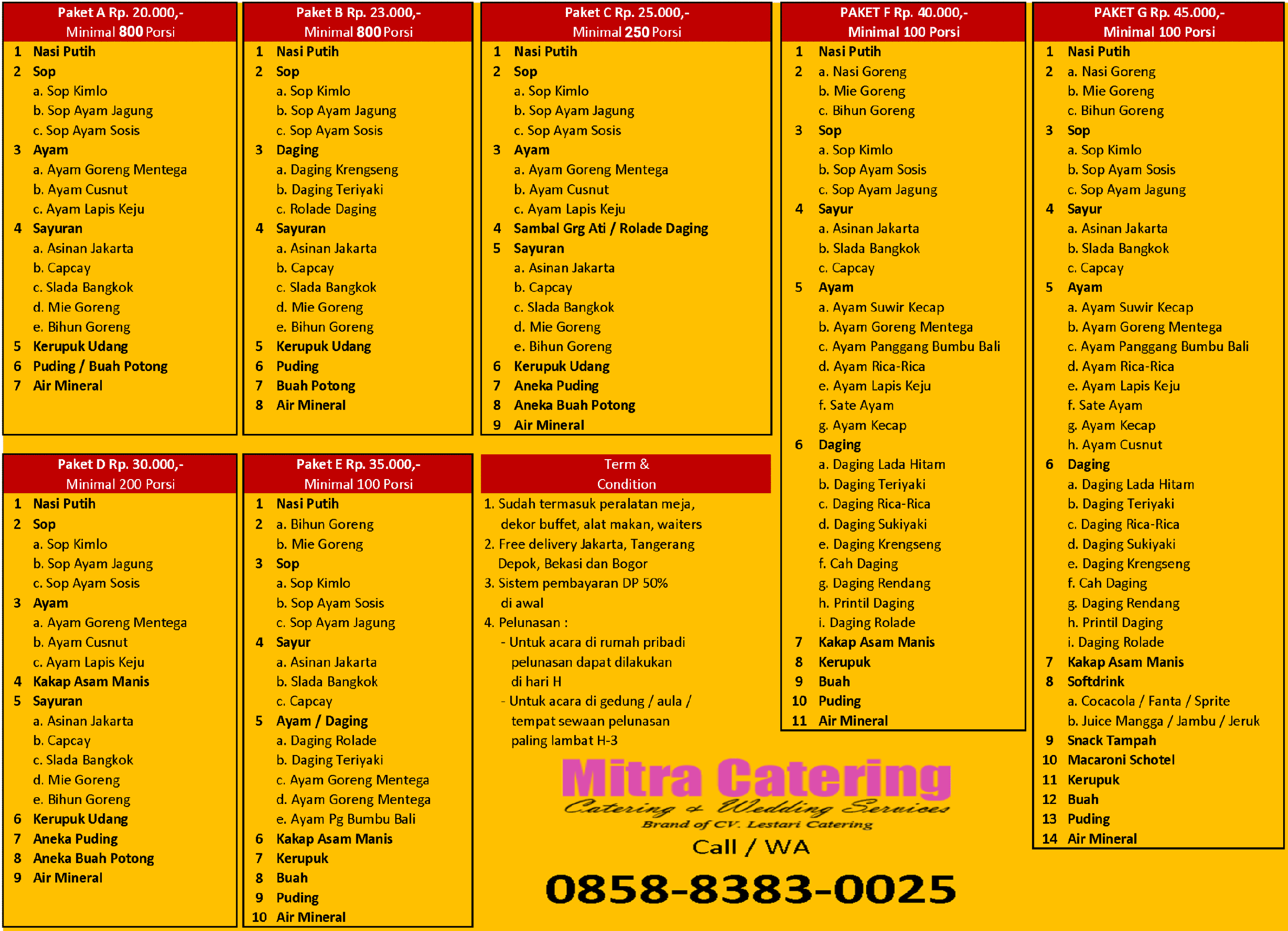 daftar harga paket menu catering prasmanan JABODETABEK terbaru April 2024